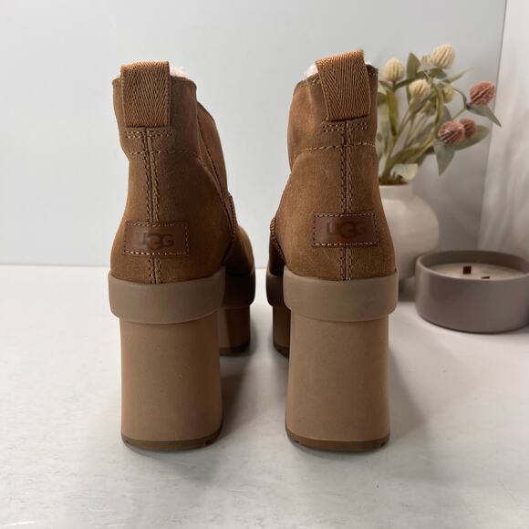 UGG Classic Mini New Heights Platform Suede Boots Chestnut Women's 10 Tried On - Picture 2 of 11